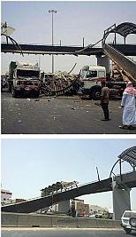 بالصور..انهيار جسر مشاة على 3 مركبات في جدة
