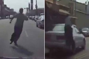 بالفيديو.. محتال يلقي بنفسه أمام السيارات المسرعة