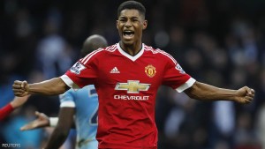 Football Soccer - Manchester City v Manchester United - Barclays Premier League - Etihad Stadium - 20/3/16 Manchester United's Marcus Rashford celebrates at the end of the match Reuters / Phil Noble Livepic EDITORIAL USE ONLY. No use with unauthorized audio, video, data, fixture lists, club/league logos or "live" services. Online in-match use limited to 45 images, no video emulation. No use in betting, games or single club/league/player publications. Please contact your account representative for further details.