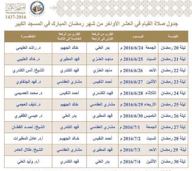 شاهد جدول صلاة القيام لشهر رمضان المبارك بالمسجد الكبير.