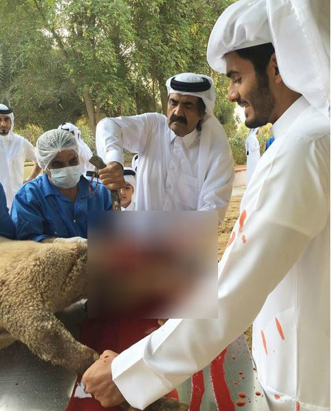 صورة أمير قطر السابق وهو يذبح الخروف تثير جدلا على الشبكة العنكبوتية