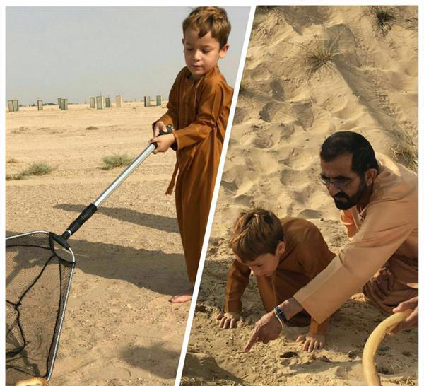 بالصور.. نجل محمد بن راشد يصطاد ” الضب ” خلال نزهة بالصحراء