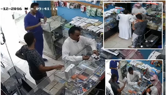 بالفيديو.. سعودي يسرق هاتفين بطريقة غريبة امام اعين البائع بجازان