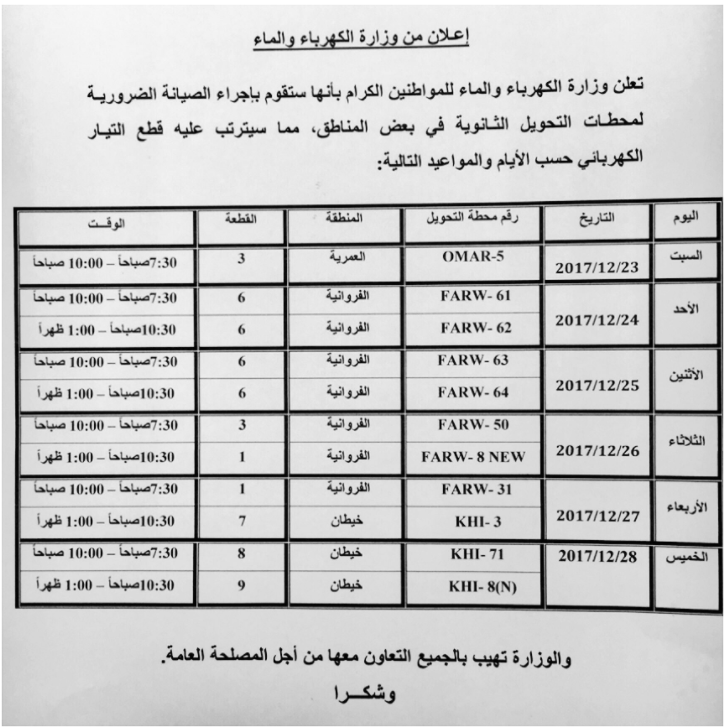 انقطاع التيار الكهربائي غدا في الفروانية وخيطان