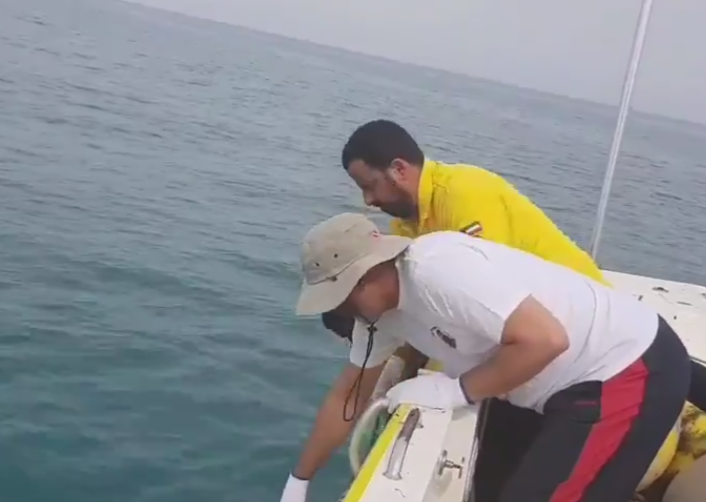 انتشال شباك صيد مهملة زنة واحد طن مقابل ساحل البدع