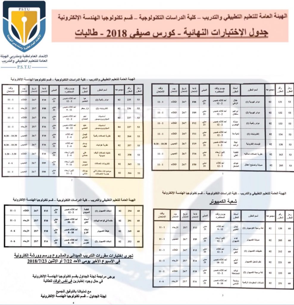 جدول الاختبارات النهائية للفصل الصيفي قسم تكنولوجيا الهندسة الإلكترونية