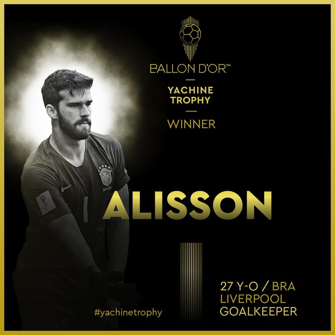 البرازيلي #أليسون_بيكر حارس مرمى #ليفربول يفوز بجائزة أفضل حارس مرمى في 2019