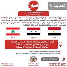 وزارة الصحة تدعو الوافدين سكان محافظة الأحمدي العائدين من مصر وسوريا ولبنان لمراجعتها غدًا