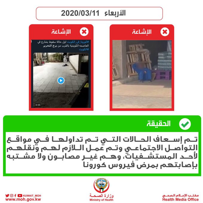 «الصحة»: الحالات التي تم تداولها عبر مواقع التواصل الاجتماعي.. غير مصابة بـ #كورونا #كرونا_في_الكويت