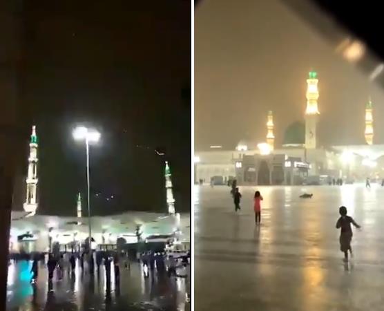 شاهد: فرحة الأطفال بالمطر في ساحات المسجد النبوي.. والبرق يُنير سماءه