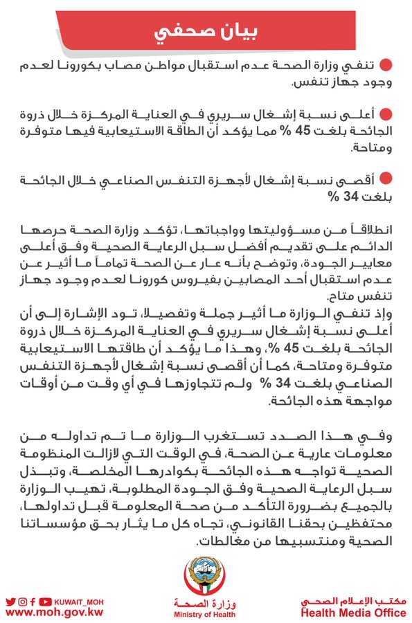 #الصحة تنفي عدم استقبال مواطن مصاب بكورونا لعدم وجود جهاز تنفس