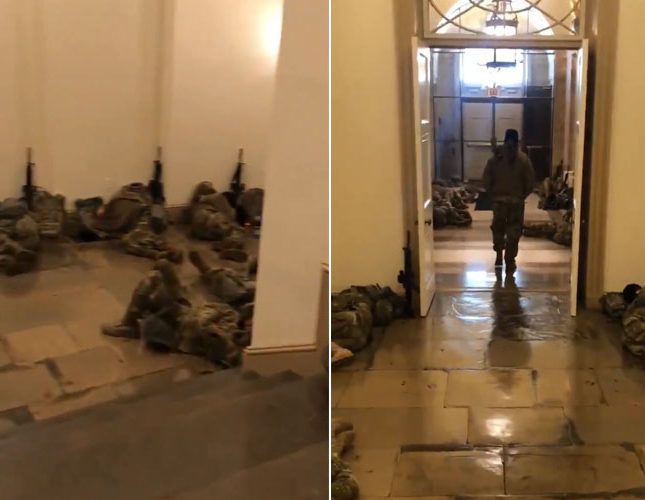 شاهد بالفيديو.. الكونجرس يتحول إلى ثكنة عسكرية.. عناصر الحرس الوطني الأمريكي ينامون على الأرض