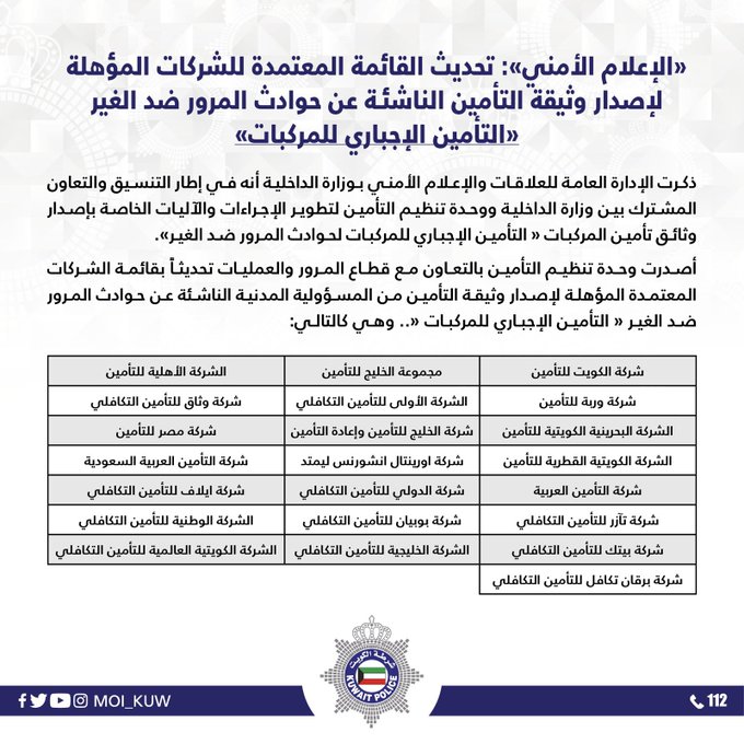الداخلية: تحديث القائمة المعتمدة للشركات المؤهلة لإصدار وثيقة التأمين الناشئة عن حوادث المرور ضد الغير