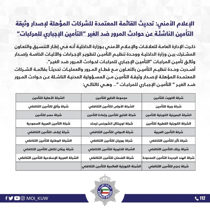 الداخلية: تحديث قائمة الشركات المؤهلة لإصدار وثيقة التأمين الناشئة عن حوادث المرور ضد الغير