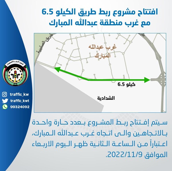 افتتاح مشروع ربط الكيلو 6.5 بمنطقة غرب عبدالله المبارك بالاتجاهين بعدد حارة واحدة