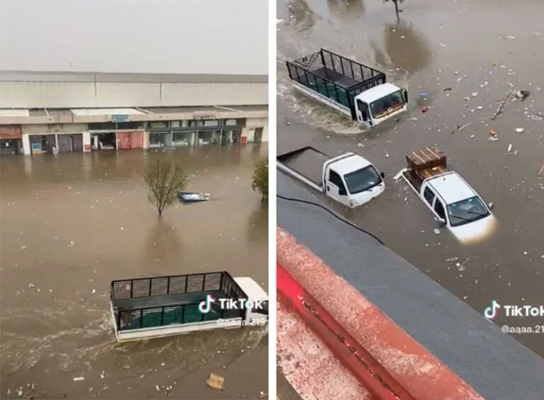 شاهد سيول جدة تحمل شاحنة كبيرة وتجرفها بطريقة لا تصدق