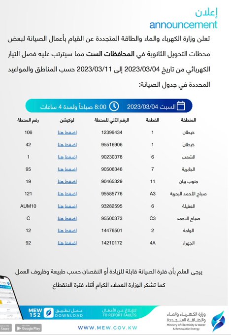 #الكهرباء: أعمال #صيانة لبعض محطات التحويل الثانوية في المحافظات الست من تاريخ 3 إلى 11 مارس