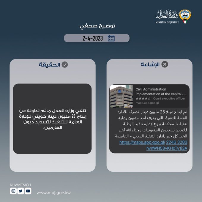 #العدل: غير صحيح إيداع 25 مليون في #التنفيذ_المدني