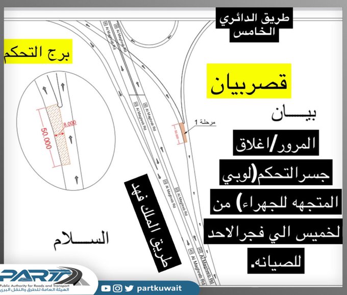#الطرق: إغلاق جسر التحكم على #الدائري_الخامس مقابل #قصر_بيان.. للصيانة