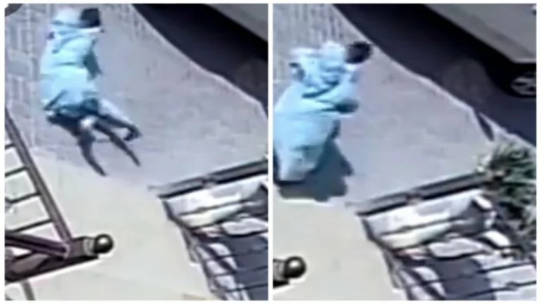 شاهد أم توثق لحظة سقوط عاملتها المنزلية وهي تحمل طفلها
