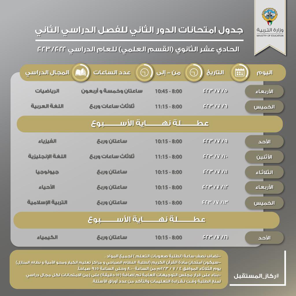 كويت نيوز تنشر جداول امتحانات الدور الثاني للثانوية العامة