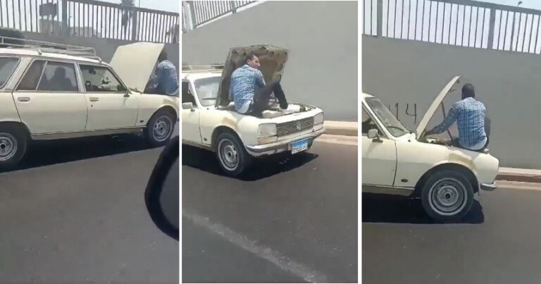 شاهد طريقة غريبة لخفض حرارة ماتور سيارة أثناء سيرها على طريق عام في مصر