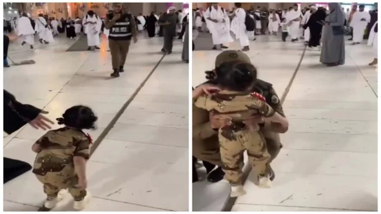 بالفيديو… مشهد مؤثر لطفلة تُفاجئ أبيها في الحرم