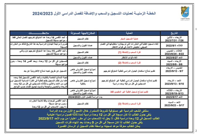 جامعة الكويت: بدء عملية التسجيل والسحب والإضافة للفصل الدراسي الأول 2023-2024