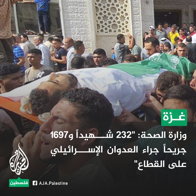 عاجل.. وزارة الصحة في #غزة: 232 شهيداً و1697 جريحاً جراء العدوان الإسرائيلي على القطاع