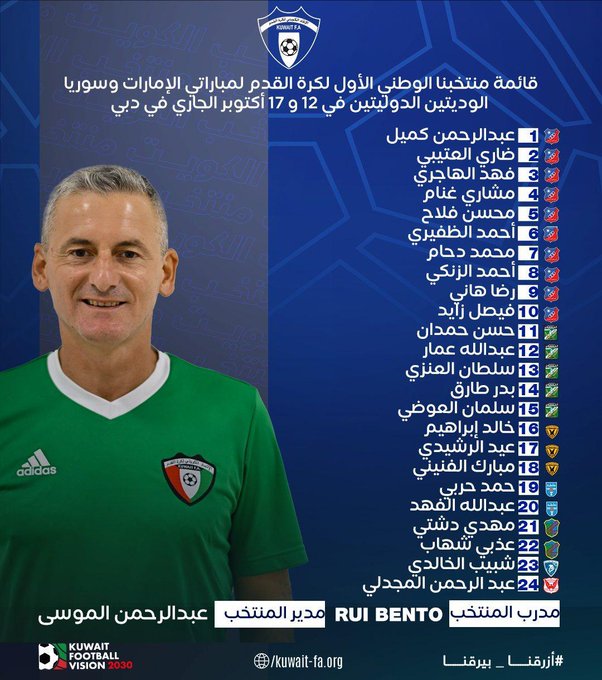 قائمة منتخبنا الوطني الأول لكرة القدم لمباراتي #الإمارات و #سوريا الوديتين الدوليتين في 12 و17 أكتوبر الجاري في #دبي
