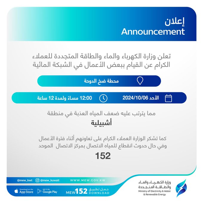 #الكهرباء: القيام ببعض الأعمال في الشبكة المائية محطة #ضخ_الدوحة.. غداَ