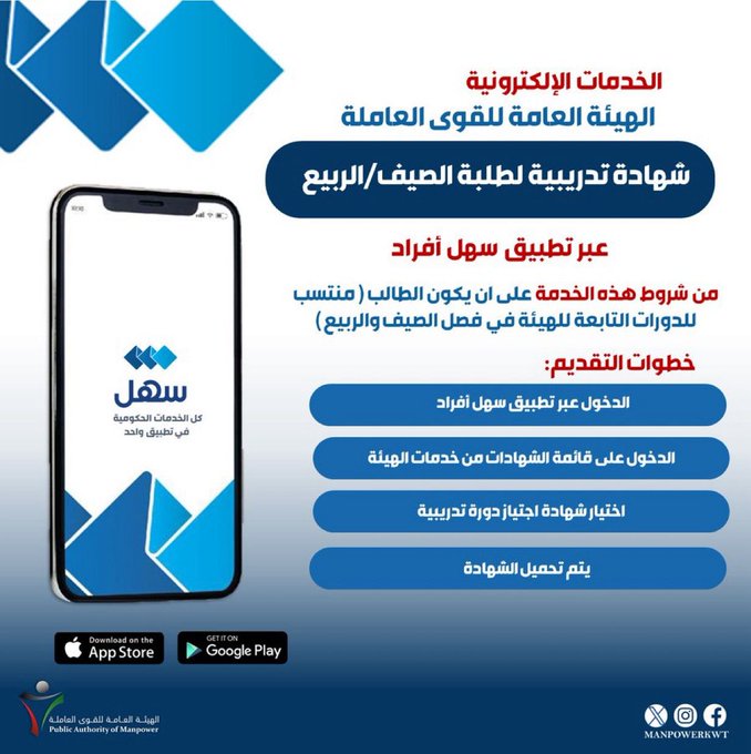 #القوى_العاملة تطلق خدمة الحصول على شهادة تدريبية لطلبة الصيف والربيع عبر #سهل_أفراد