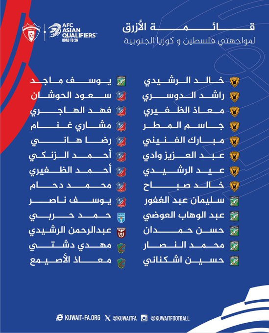 قائمة الأزرق لمواجهتي فلسطين وكوريا الجنوبية في تصفيات كأس العالم 2026