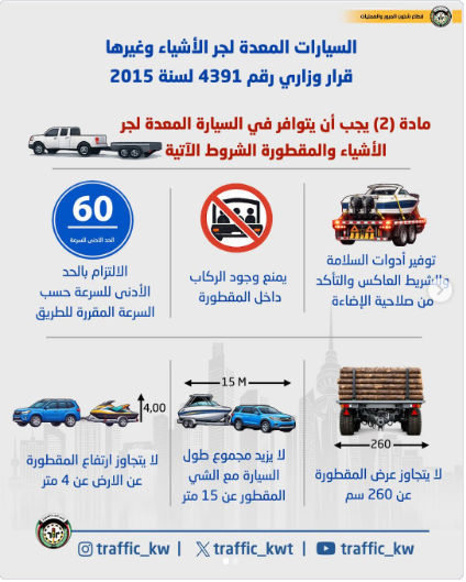 #الداخلية تحدد شروط السلامة لجر المقطورات وتحذر من مخالفة السرعة والحمولة