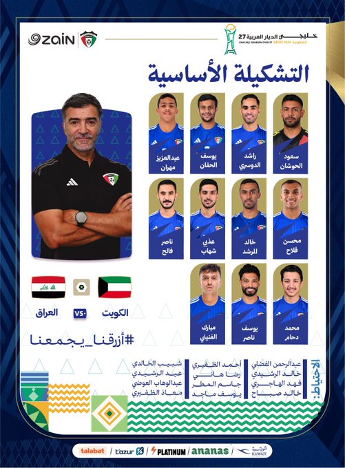 تشكيلة الكويت أمام العراق في خليجي 27